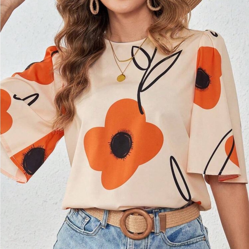 Orange and Black Boxy Blouse with Short Sleeves